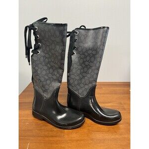 Coach Women's Knee High Rain Boot Black Gray Lace Up Logo Rubber Boots 7 - READ